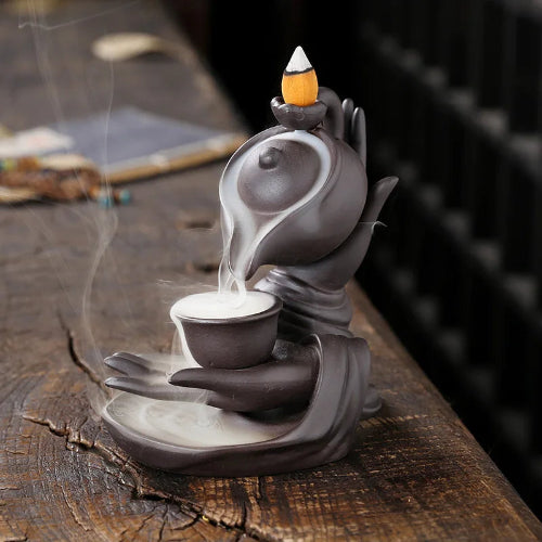 Zen Meditation Buddha Hand Lotus Incense Burner GREY