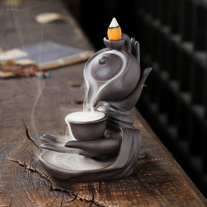 Zen Meditation Buddha Hand Lotus Incense Burner GREY
